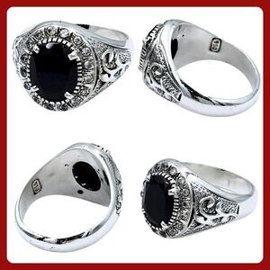 950 Silver‎ Black Onyx Mens Signet Ring Oval Halo Filigree Band Size 11